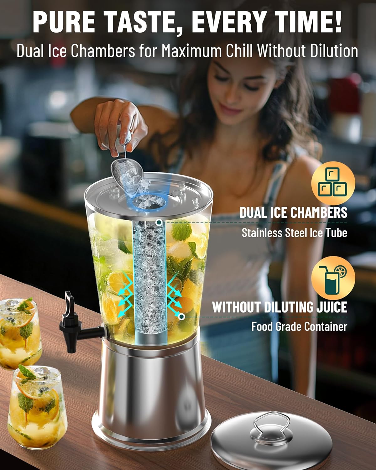 WantJoin Beverage Dispenser With Stand, Drink Dispenser for Party, Stainless Steel Water Dispenser with Ice Core, Spigot, Drink Jar Jug For Home Parties Lemonade, Clear Acrylic, 2-GALLONS 8 Liters