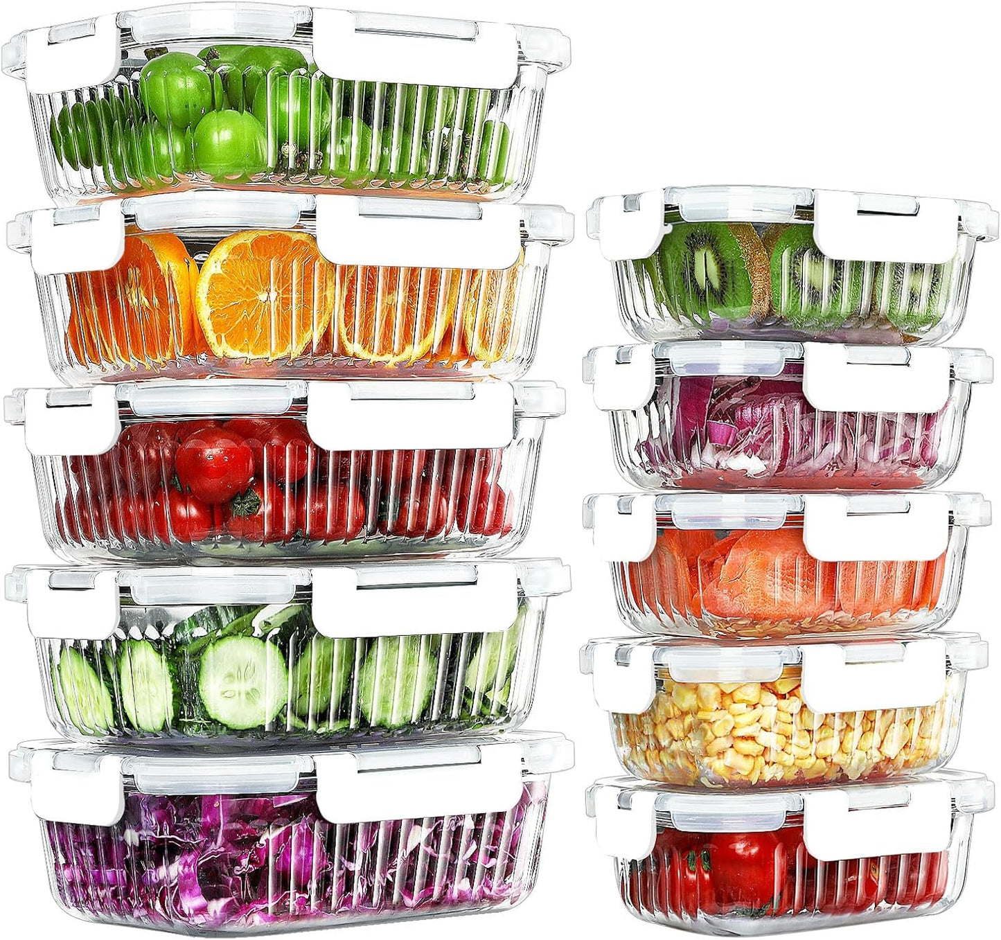 KOMUEE 10 Packs Glass Food Storage Containers Set, Glass Meal Prep Containers with Lids, Airtight Lunch Containers, Microwave, Oven, Freezer and Dishwasher Safe, White