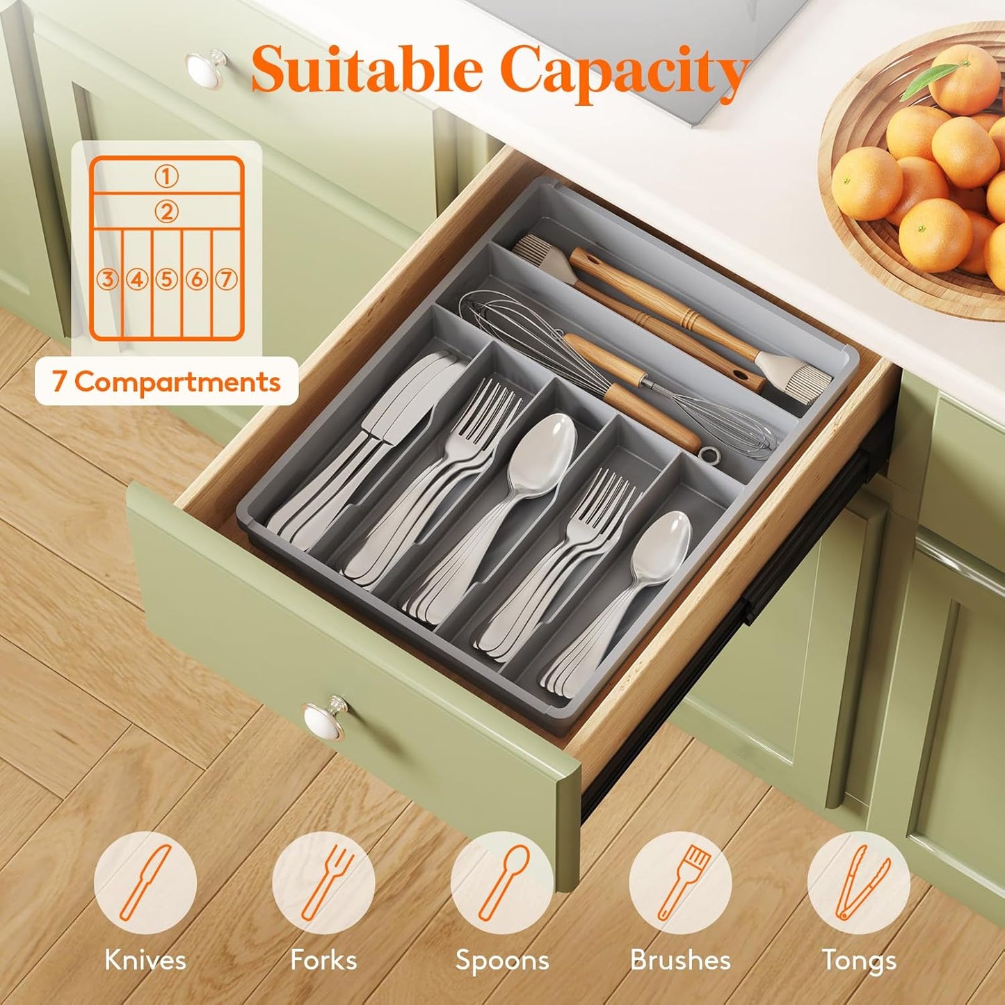 Lifewit Silverware Tray, Deep Wide Cutlery Drawer Organizer Storage for Kitchen, Plastic Flatware Utensil Holder Divider for Spoons Forks Knives Tableware, 7 Compartment, Gray