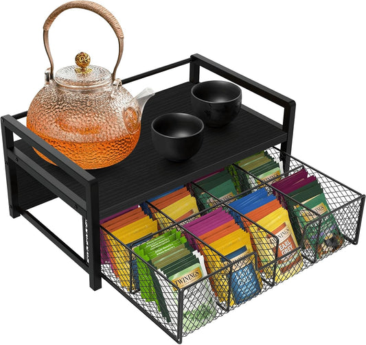 Homode Wood Tea Bag Organizer, Teabag Holder with Drawer, Tea Organizers and Storage Box, 8 Compartments Tea Caddy Station Chests Display Container for Counter Kitchen, Black