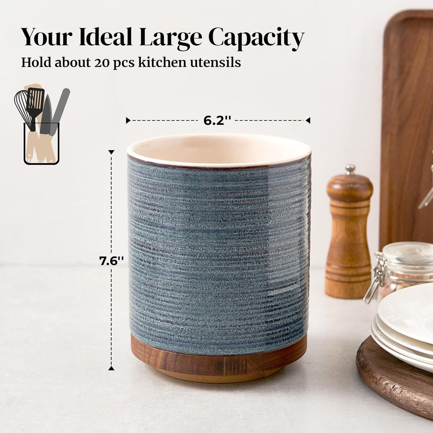 DOWAN 360° Rotating Extra Large Cooking Utensil Holder, 7.6" Kitchen Utensil Holder for Countertop, Utensil Crock for Farmhouse Kitchen Decor, Ceramic Stable Utensil Caddy, Blue