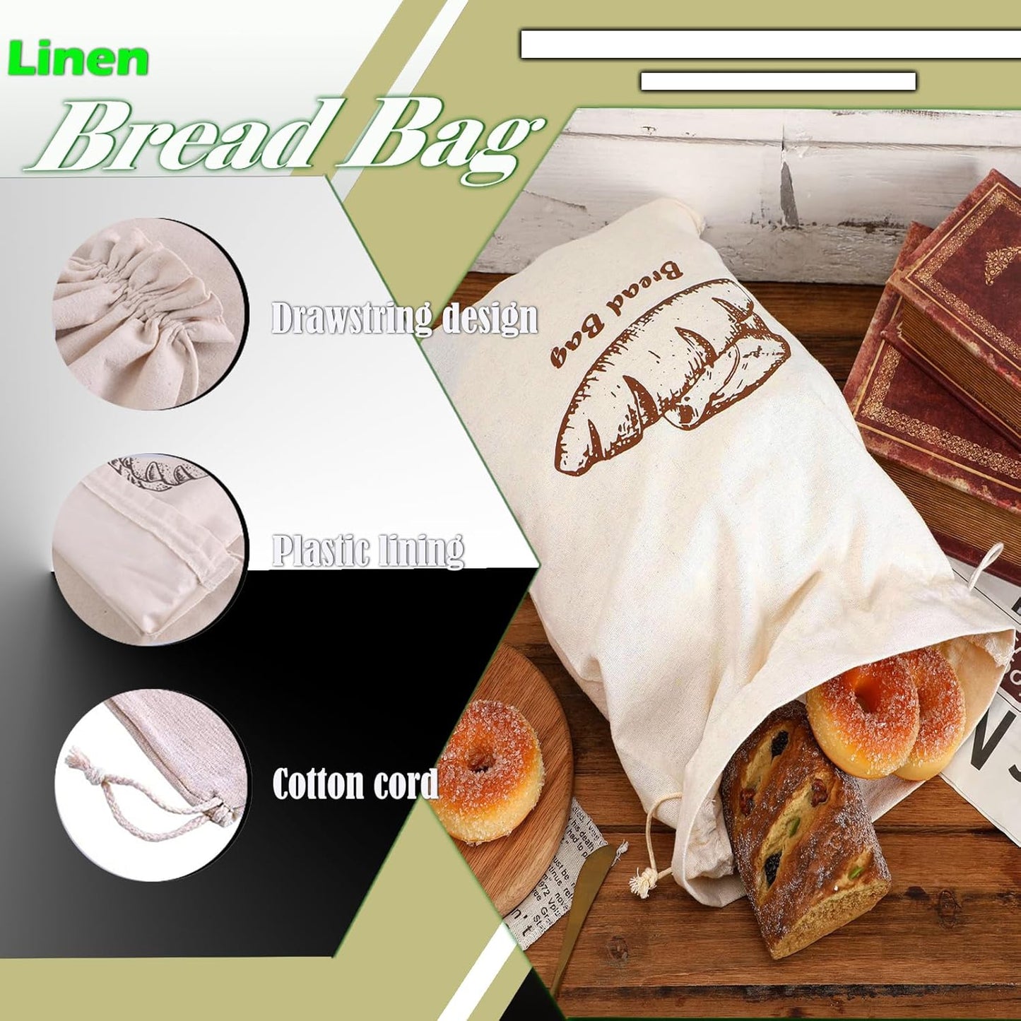 Bread Bag with Inside Lining, 2 Pack Reusable Linen Bread Storage Bags, 11.75" x 11.5" Homemade Bun Container, Double Drawstring Closure for Fruit and Baguette, Artisan Bread Storage