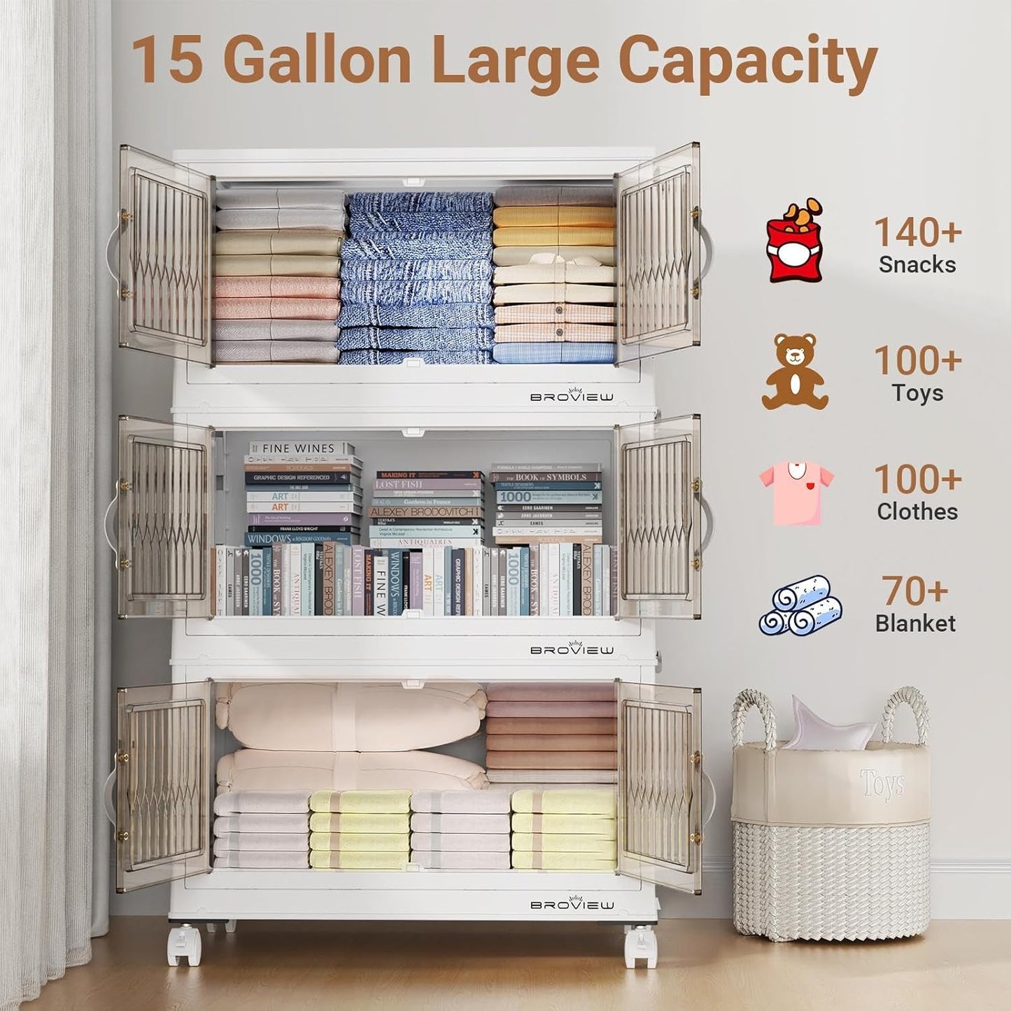 300Qt Stackable Storage Bins with Lid, Extra Large Closet Organizer Collapsible Drawer Boxes with Wheels, Folding Plastic Cabinet Containers for Home Kitchen Room Organization, 5Pack White