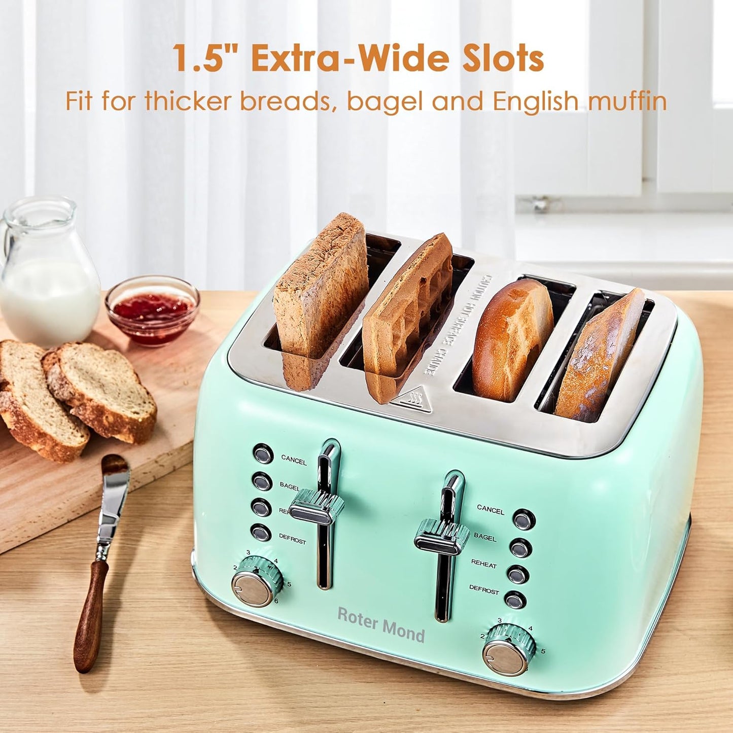 Toaster 4 Slice Retro Stainless Steel with Extra Wide Slots Bagel, Defrost, Reheat Function, Dual Independent Control Panel, Removable Crumb Tray, 6 Browning Levels, Aqua Green