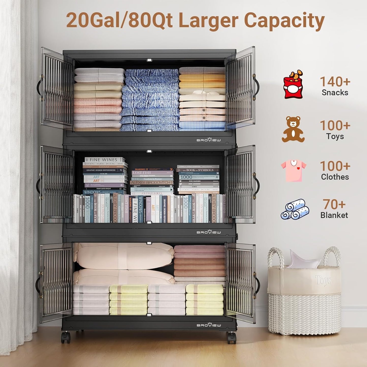 240Qt Stackable Storage Bins with Lid, Extra Large Closet Organizer Collapsible Drawer Boxes with Wheels, Folding Plastic Cabinet Containers for Home Kitchen Room Organization, 3Pack Black