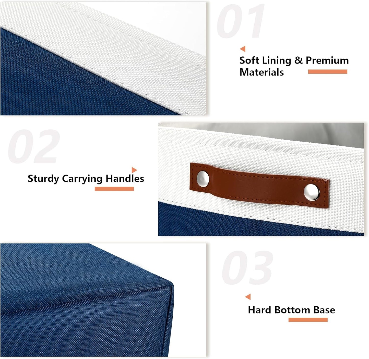 DULLEMELO Large Storage Baskets with Leather Handles for Linen Closet and Home Office, Decorative Baskets for Toys Storage (White & Blue)