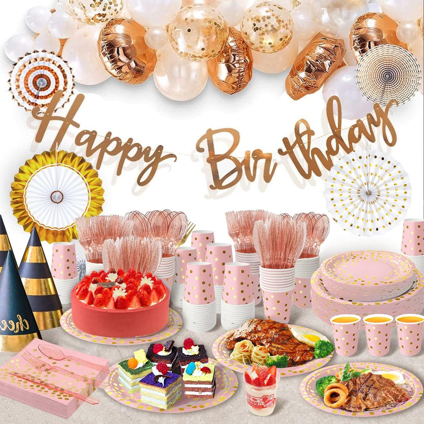 AIRE 175PCS Pink Rose Gold Plates Party Supplies Severs 25 Guests Disposable Party Decorations, Plastic Forks Knives Spoons, Golden Dot Paper Plates Napkins Cups for Baby Shower Birthday Wedding