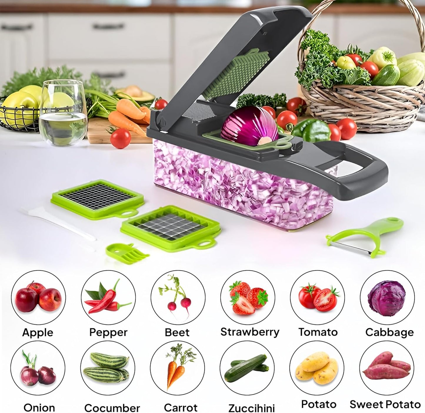 Vegetable Chopper with Container – 16-in-1 Food Dicer and Multi-Blade Cutter for Vegetables, Fruits, Cheese by Purest Peak