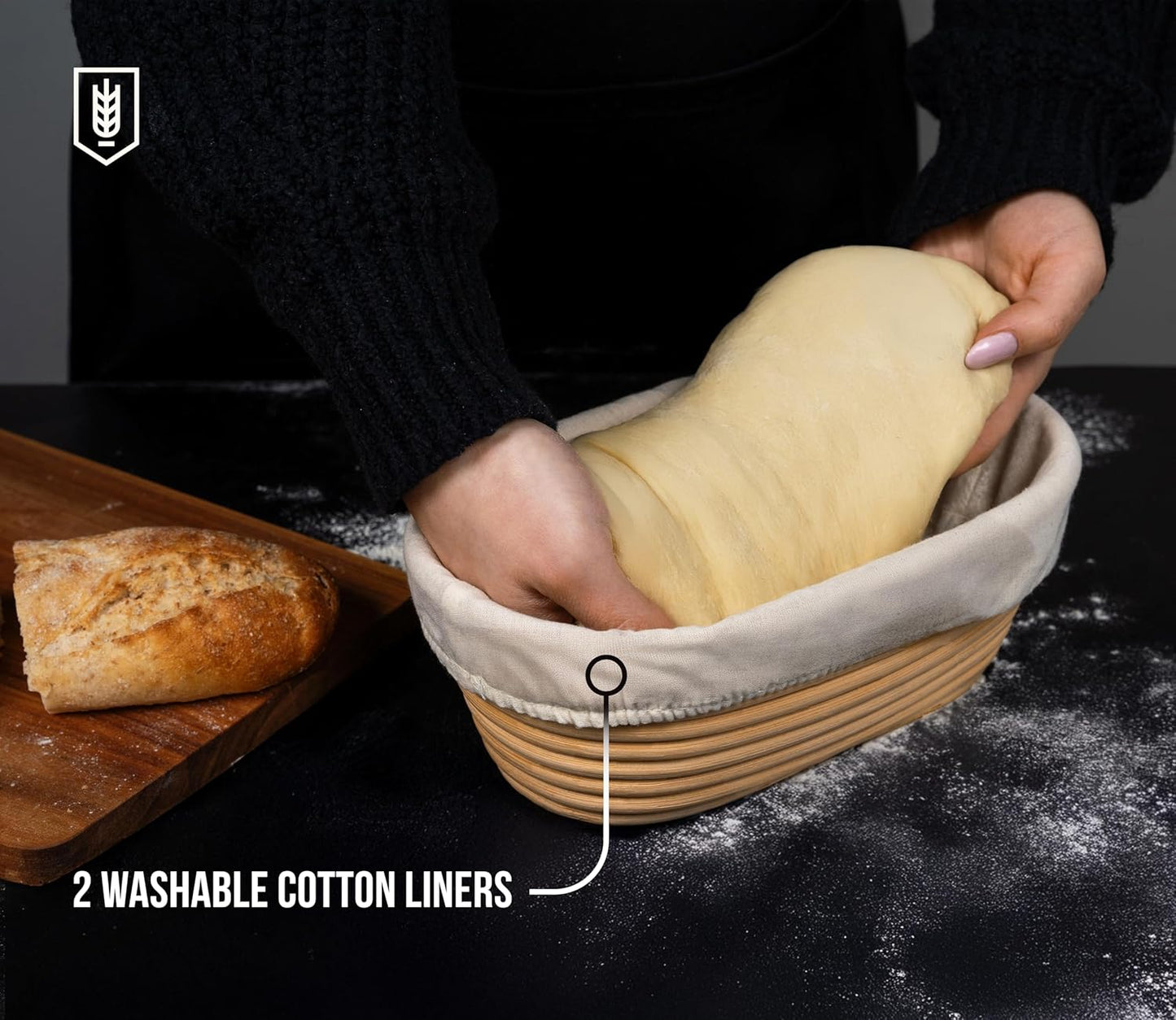 Kook Banneton Bread Proofing Baskets, Artisan Sourdough Bread Making Baskets, 9.8 Inch Handwoven Rattan Baskets and Cloth Liners, Set of 2, Oval