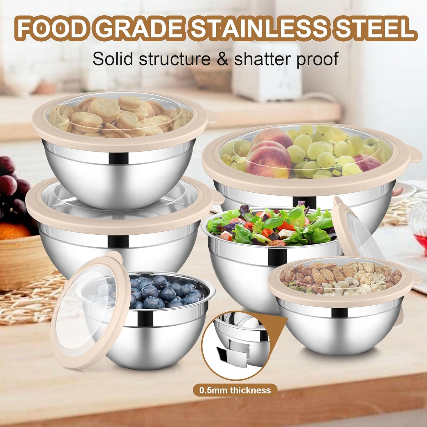 LIANYU Mixing Bowls with Visible Airtight Lids Set, 6Pcs Stainless Steel Kitchen Metal Nesting Bowls, Large Size 7, 3.5, 2.5, 2, 1.5, 1QT for Cooking, Baking, Serving, Dishwasher & Freezer Safe, Khaki