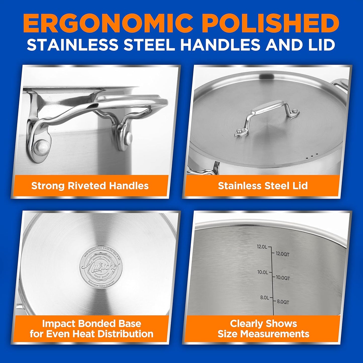 NutriChef 12-Quart Stainless Steel Stockpot with Stainless Steel Lid - 18/8 Food Grade Heavy Duty Large Stock Pot for Stew & Soup, Works w/Induction