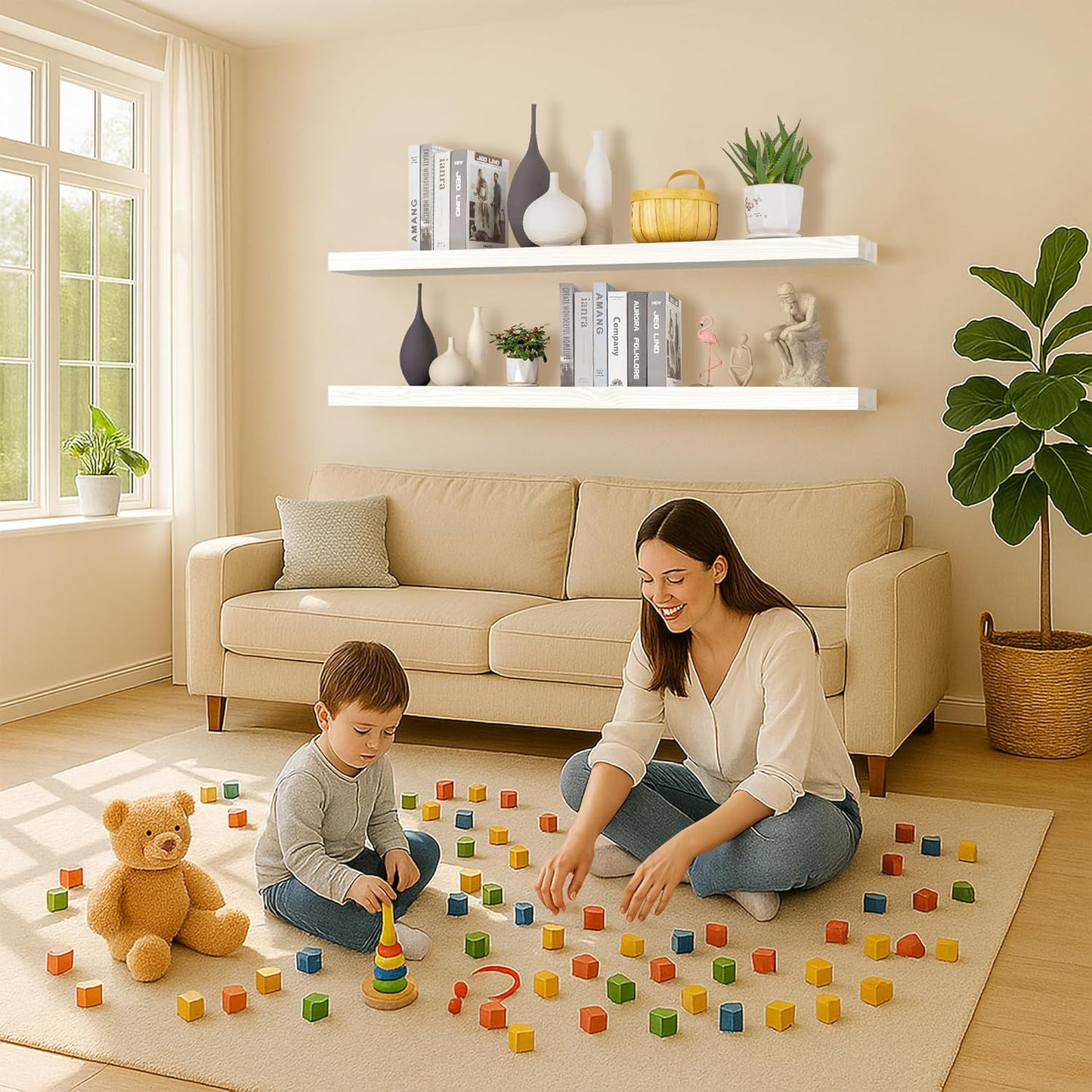 Rustic Floating Shelves 72 inch Long 8 "deep Set of 2, Heavy Duty Wood Wall Mounted Shelves for Bathroom Living Room Kitchen,Book Shelves with Thickened Hidden Bracket- White