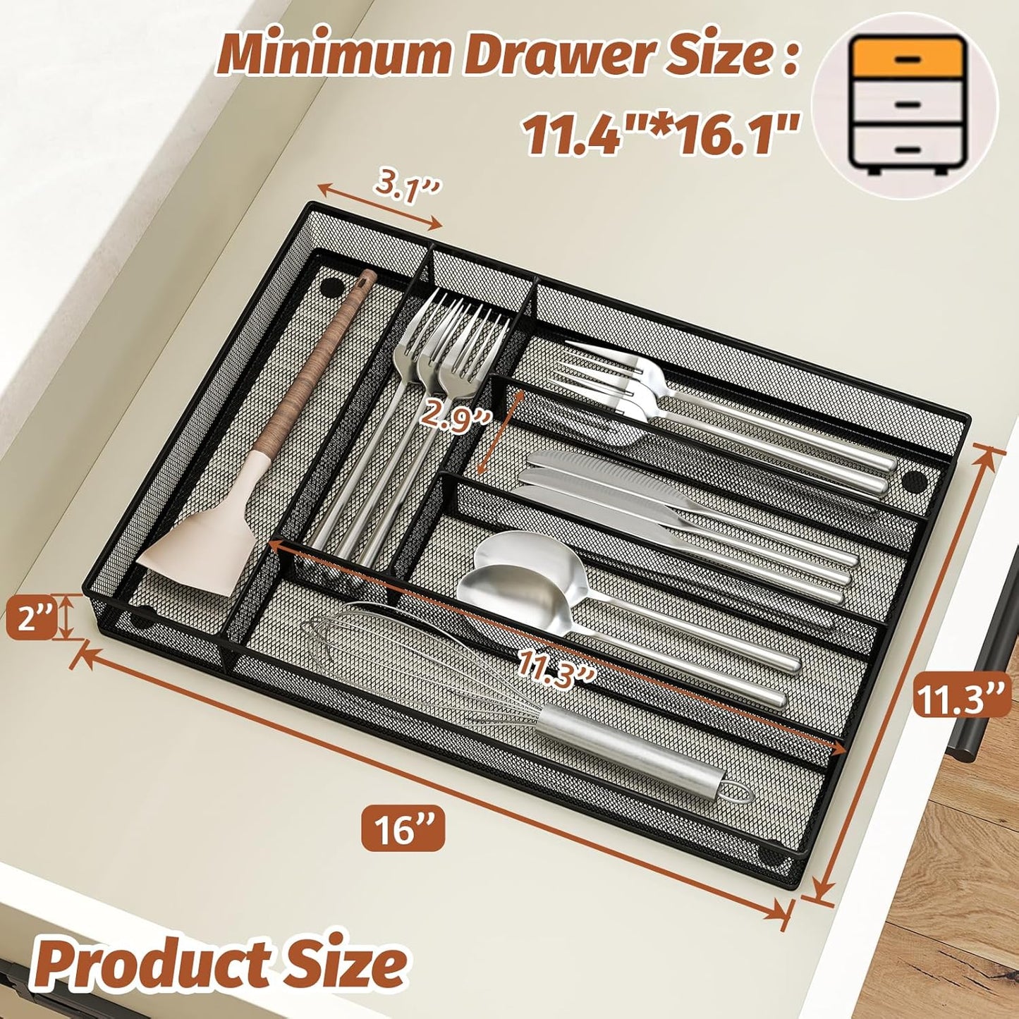 Silverware Organizer Metal Mesh, Large Drawer Organizer, Utensil Cutlery Tray for kitchen drawers, Flatware Organizer with 6 Compartment, Black (11.3”*16“)