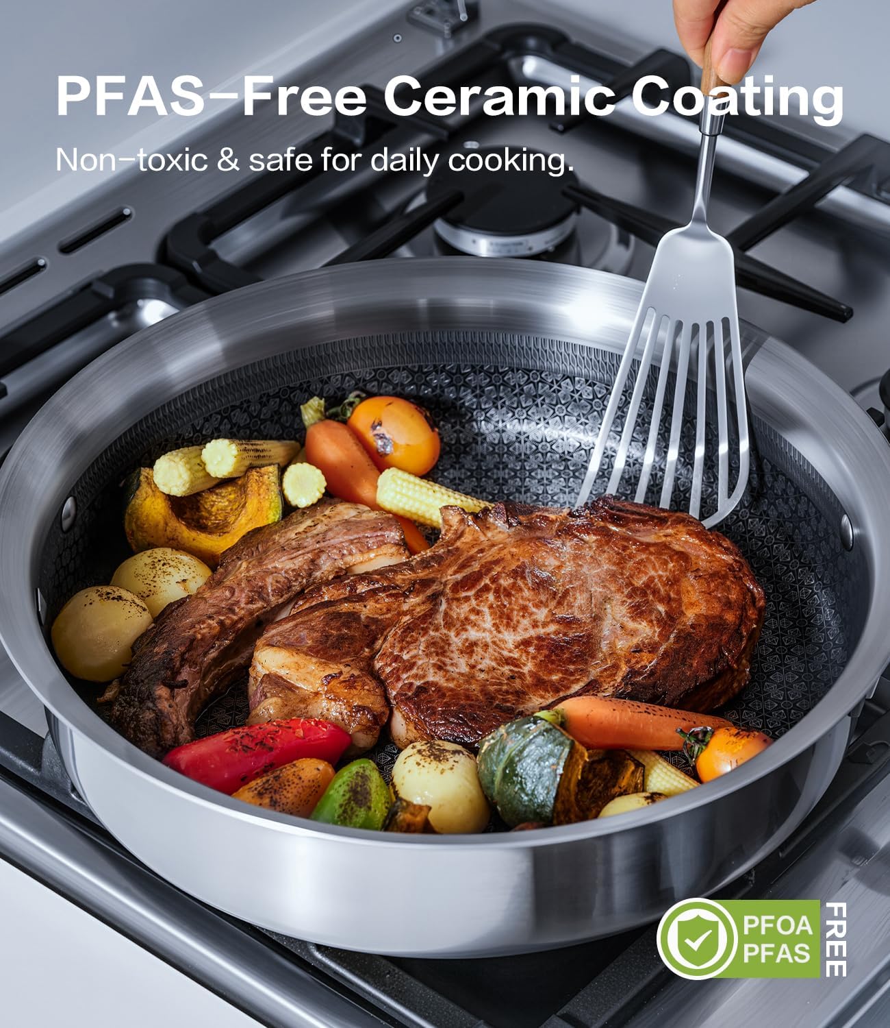 Saute Pan with Lid–12 Inch Deep Frying Pan 5.5qt for Stir-Fry & Searing,5-Ply Stainless Steel Saute Pan Nonstick Non Toxic, PTFE & PFOA Free Non Stick Skillet,Induction, Oven & Dishwasher Safe