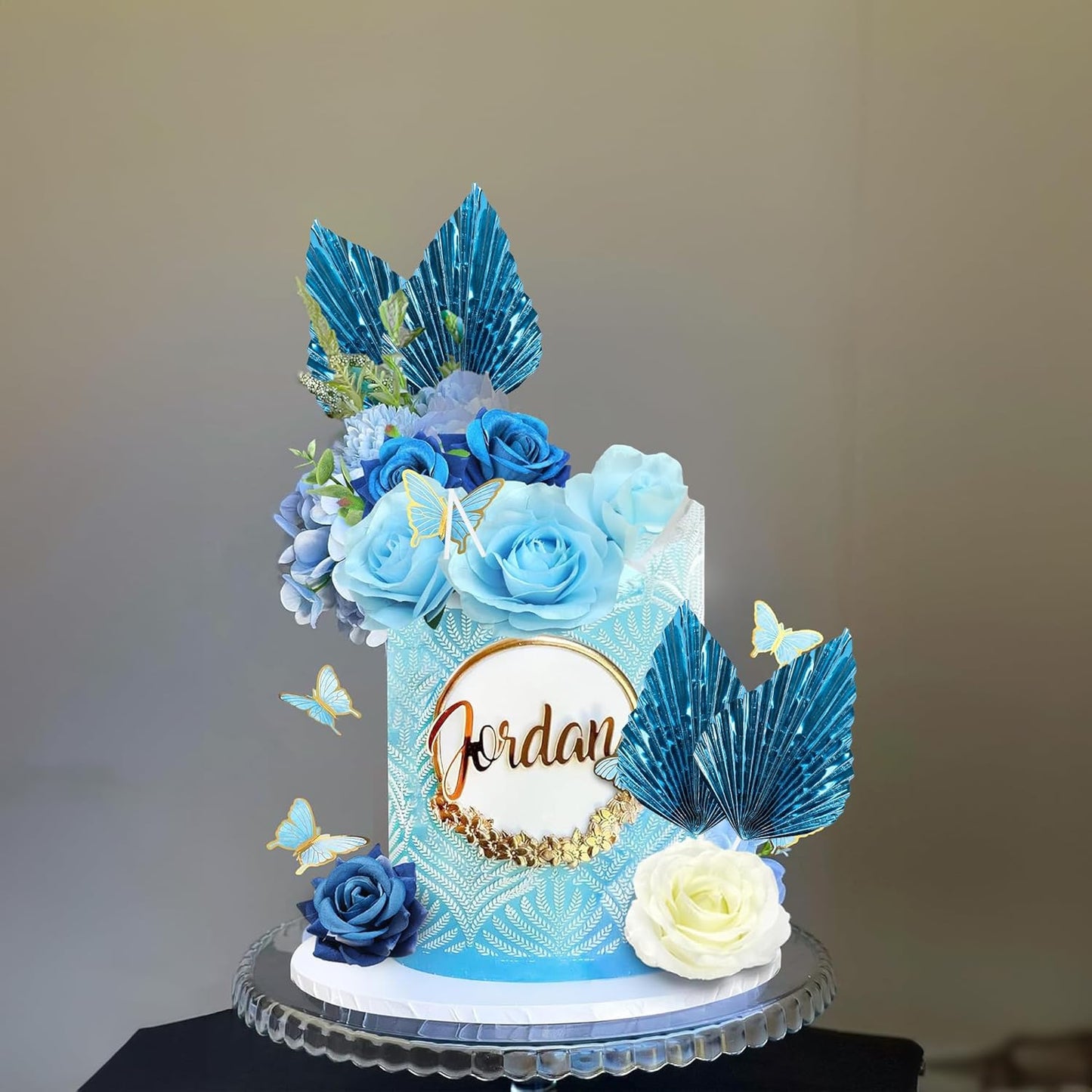 Gyufise 6Pcs Paper Palm Fan Cake Toppers Palm Spear Leaves Fan Cupcake Toppers Cake Insert Decorations Craft DIY Cake Bakeware Decoration for Birthday Party Wedding Party Decor Supplies Light Blue