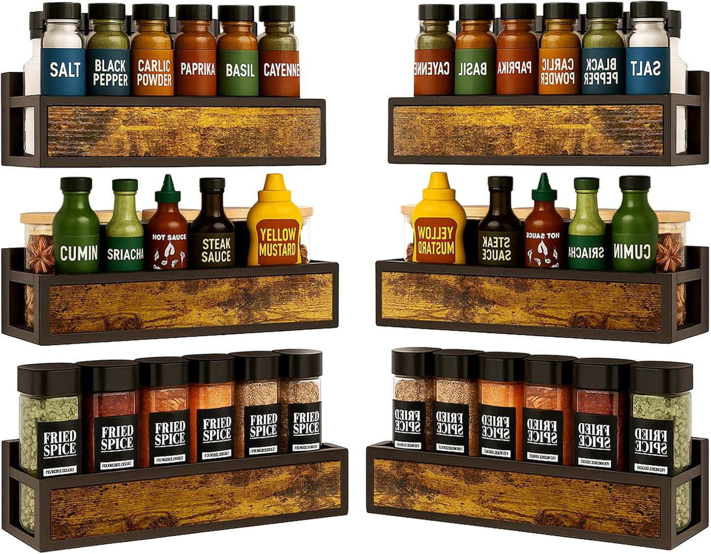 Spice Rack Wall Mount 6 Pack, Space-Saving Seasoning Organizer,Screw or Adhesive Hanging Spice Rack Organizer for Kitchen Cabinet and Wall (Engineered Wooden)