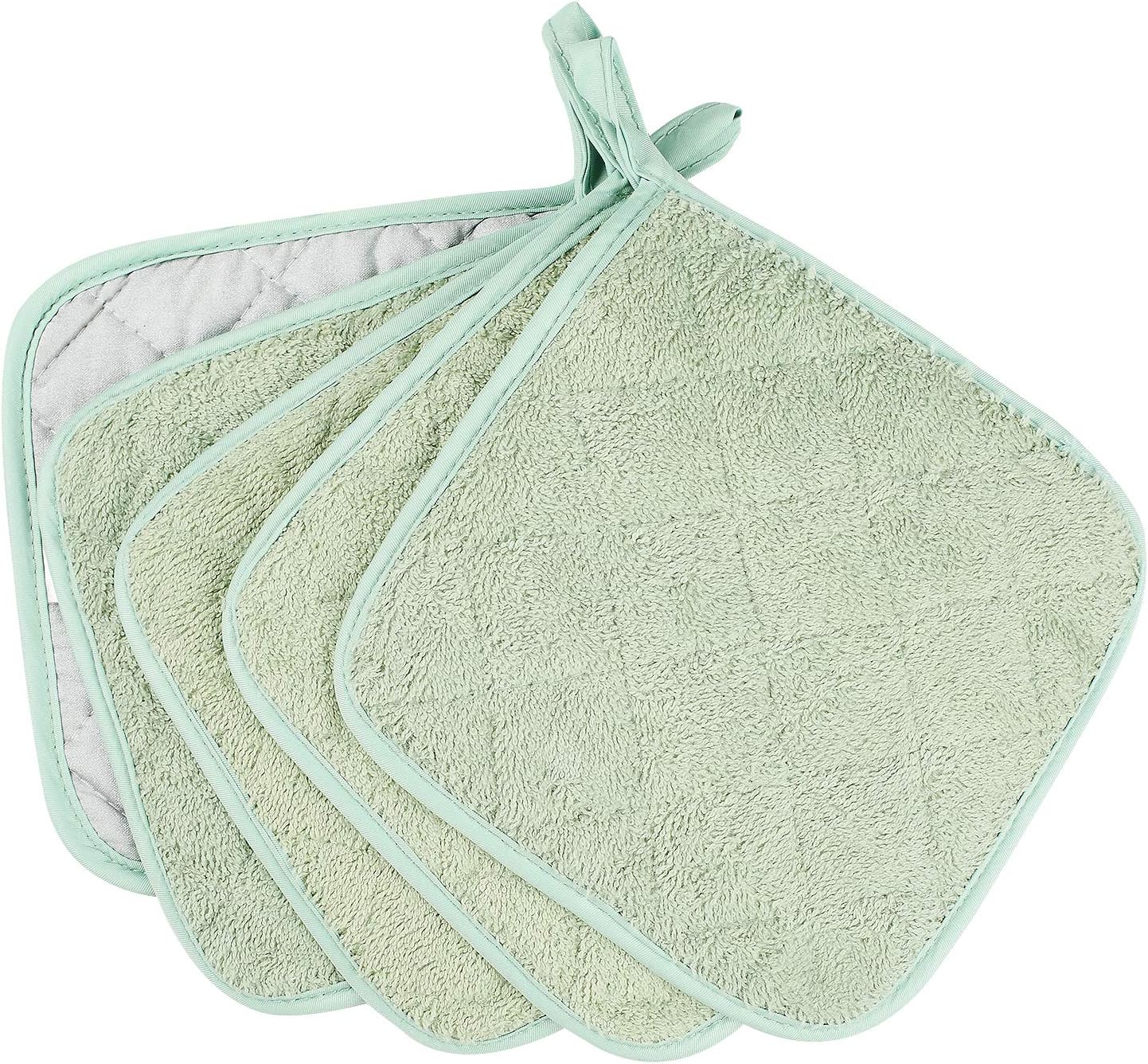 100% Cotton Kitchen Everyday Basic Terry Pot Holder Heat Resistant Coaster Potholder for Cooking and Baking Set of 5 Mint Green