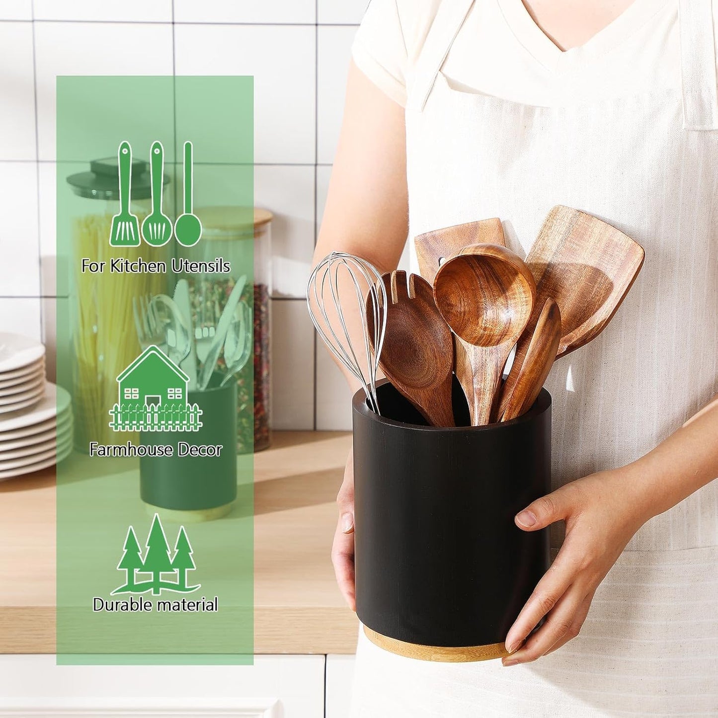 2 Pack Wooden Utensil Holder, 360°Rotating Kitchen Cooking Utensil Crock, Spoon Spatula Holder for Kitchen Counter, Farmhouse Countertop Organizer(Black,Round)