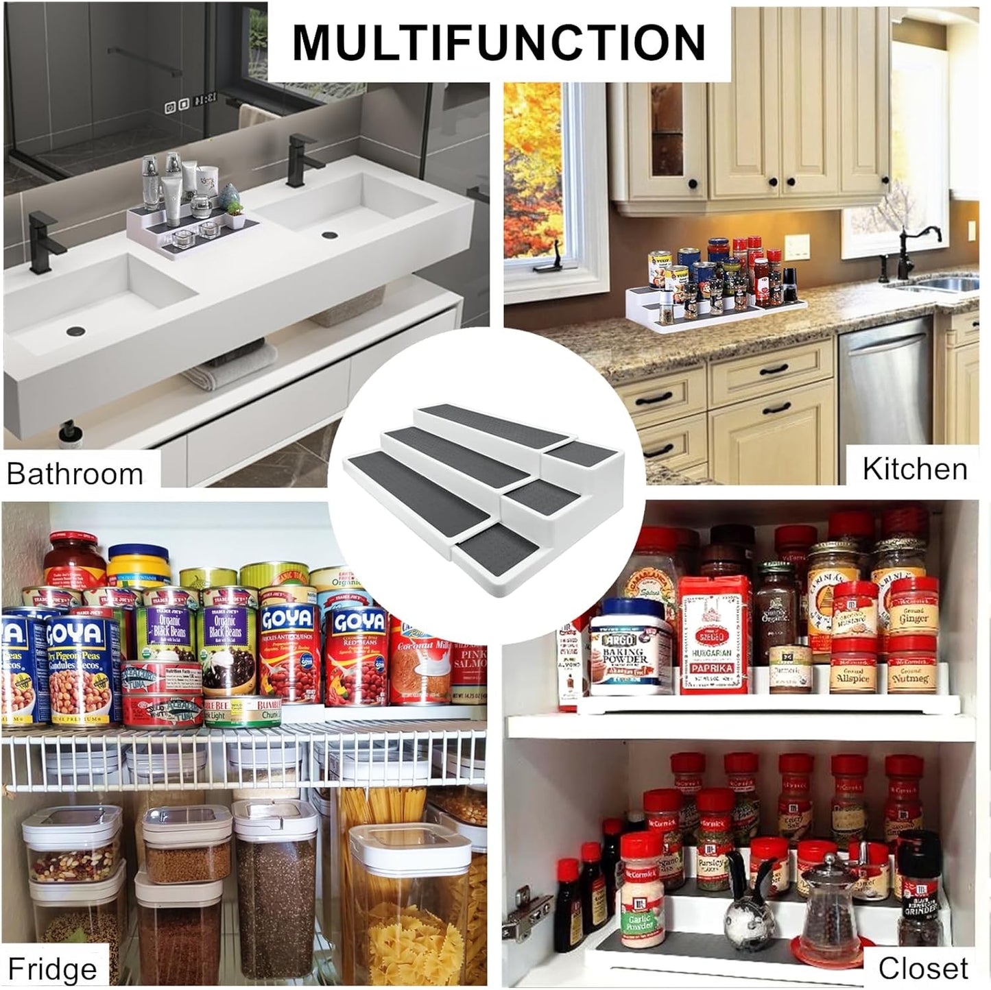 3 Tier Expandable Spice Rack Organizer, White/Grey Plastic Spice Rack, Adjustable Length 14.6In-25.8In, 2 Pack Non-Skid Tiered Spice Shelf Organizer for Kitchen Cabinet, Cupboard, Pantry