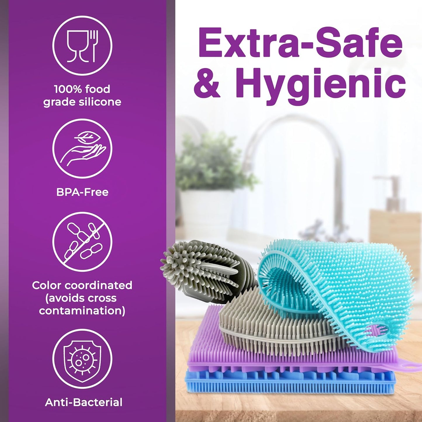 Silicone Dish Scrubber Sponges (5-Pack) - Dual-Sided Silicone Scrubbers and 1 Bottle Stick Brush - Food Grade Kitchen Scrubbers for Dishes - BPA-Free Sponges