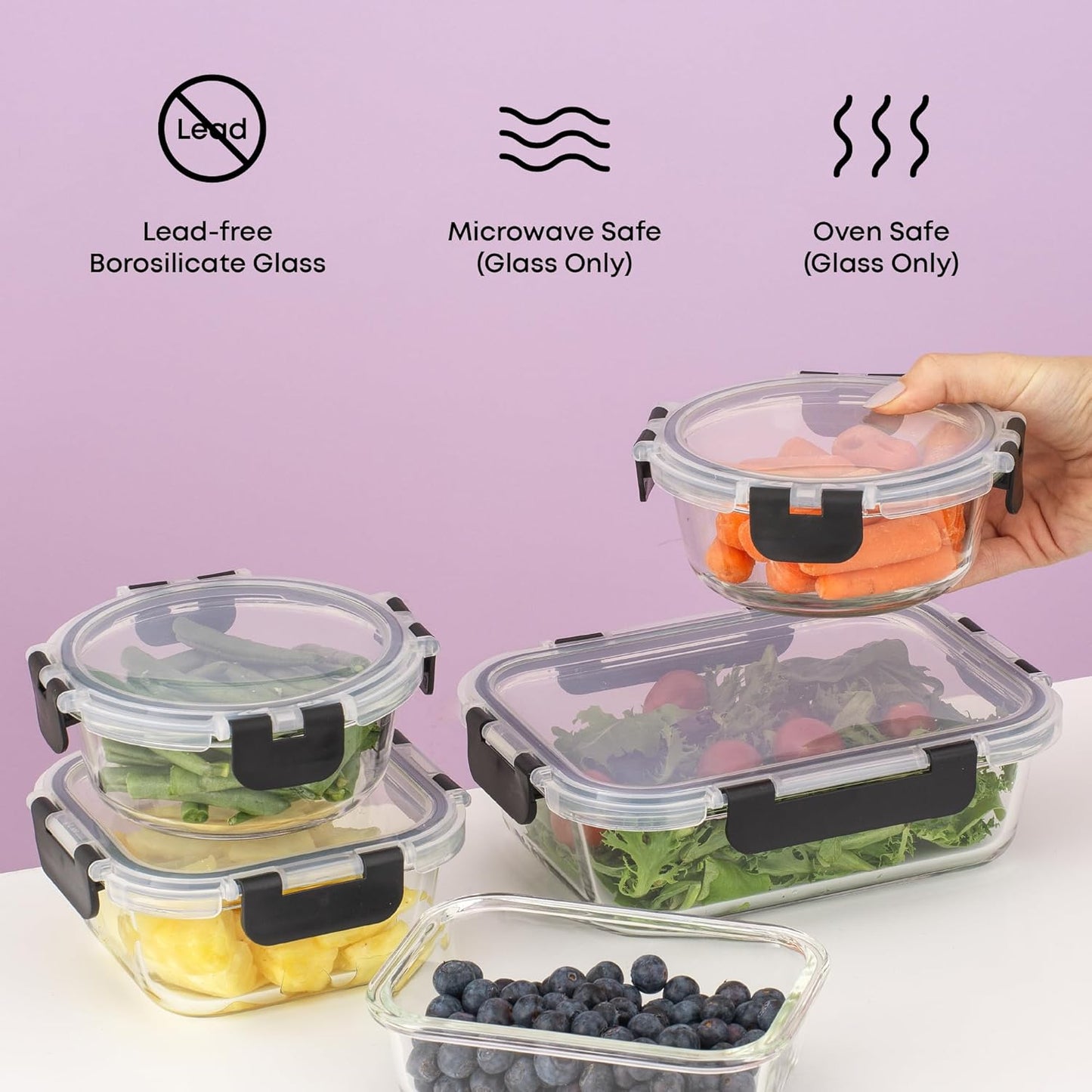 JoyJolt 24pc Borosilicate Glass Storage Containers with Lids | 12 Airtight/Freezer Safe Food Storage Containers for Pantry and Kitchen | Meal Prep Container for Lunch | Glass Tupperware Set