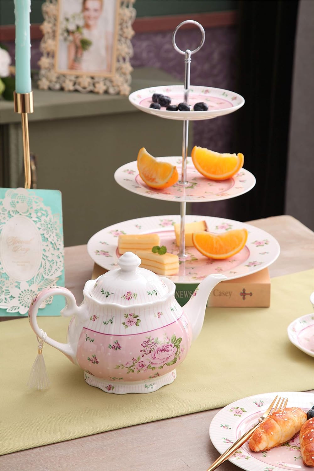 London Boutique Porcelain Teapot Sugar Bowl and Cream Milk Jug Shabby Chic Vintage Floral in Gift box 40oz (Teapot Rose Pink)