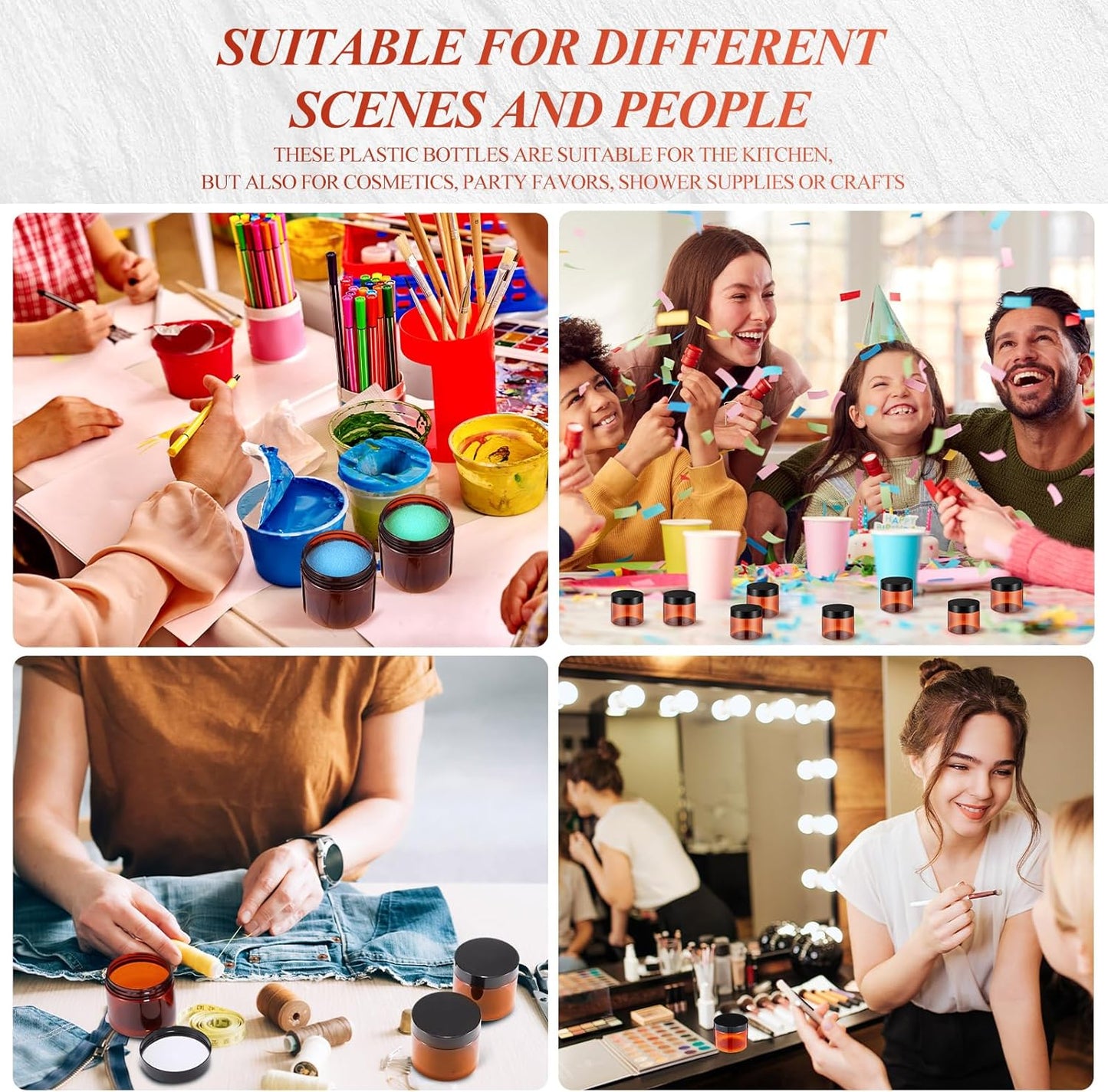 SATINIOR 6 Pack 4 oz Plastic Jars Containers with Lids Wide-mouth Refillable Leakproof Reusable Round Empty Jars for Travel Cosmetic Dry Food Spice Cookie Candy Home Kitchen Organizing(Amber)