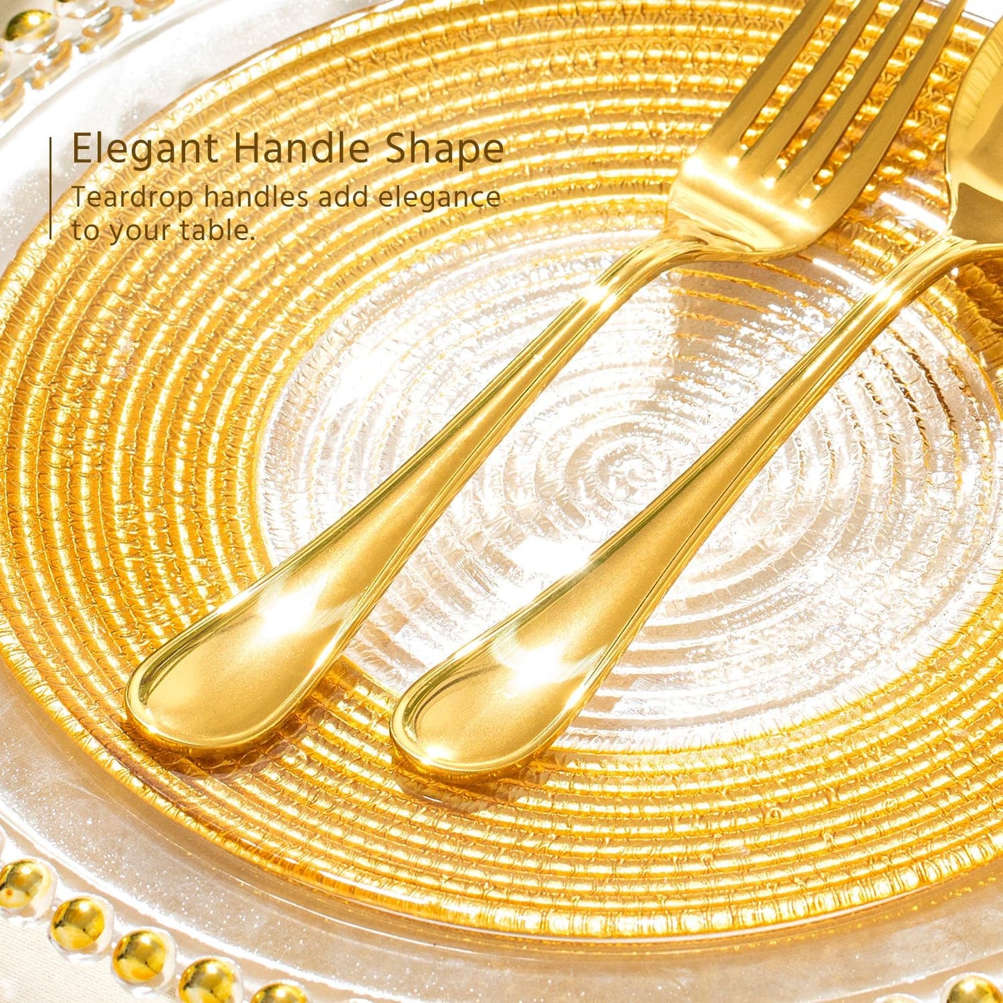 KINGSTONE 40 Piece Teardrop Silverware Set for 8, 18/10 Stainless Steel Flatware Set, Modern Design Cutlery Set for Home/Hotel/Wedding,Mirror Polished and Dishwasher Safe, Gold