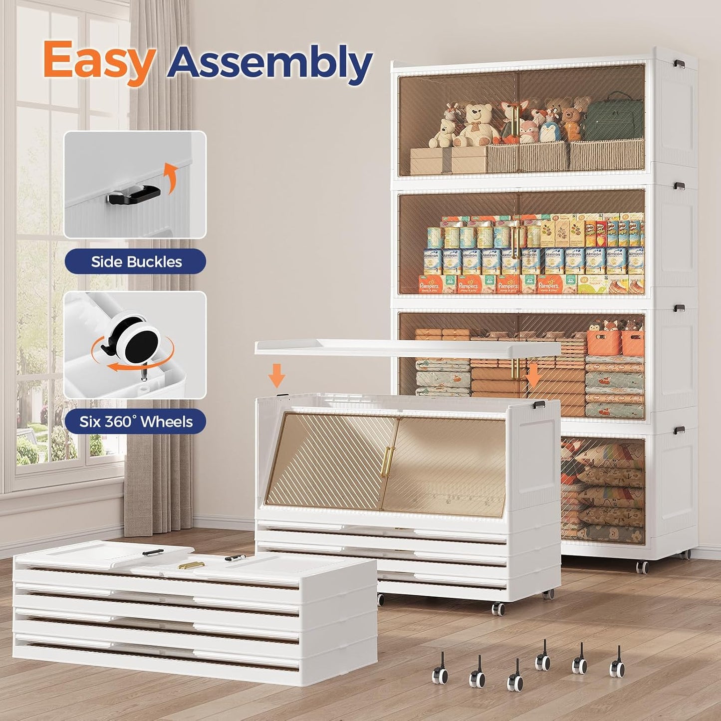 320 Gallon Extra Large Collapsible Storage Bin with Lid, 1280QT Stackable Plastic Organizer with 6x Wheels, Foldable Drawer Cabinet for Closet, Living Room Office Dorm 4Pack, White