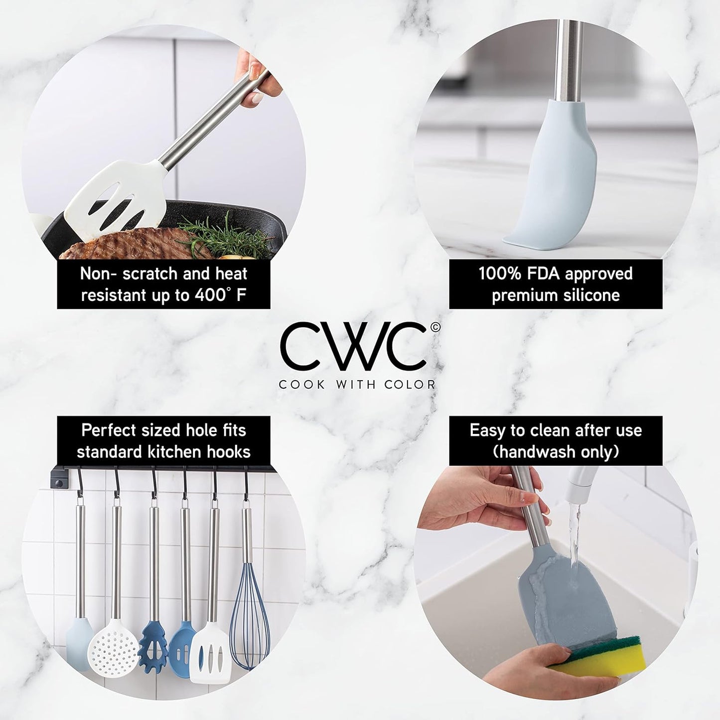 COOK WITH COLOR Silicone Cooking Utensils, Kitchen Utensil Set, Easy to Clean Silicone Kitchen Utensils, Cooking Utensils for Nonstick Cookware, Kitchen Gadgets Set, 10 Pieces, Blue and White