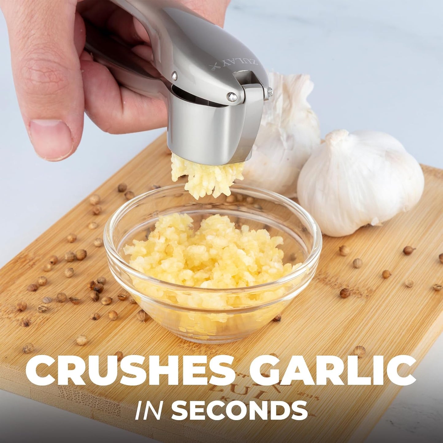 Zulay Kitchen Premium Garlic Press Set – Rust Proof & Dishwasher Safe Garlic Mincer Tool with Silicone Garlic Peeler & Brush, Easy Squeeze & Clean, Ergonomic Soft Grip Handle - Medium – Silver