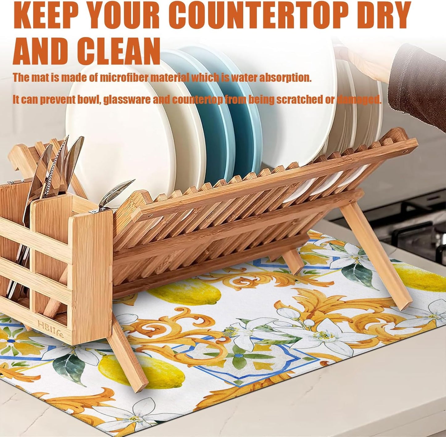 Watercolor Lemon Dish Drying Mat for Kitchen Counter Microfiber Absorbent Dish Kitchen Drying Mat Draining Reusable Washable for Dishes/Utensils/Counterto