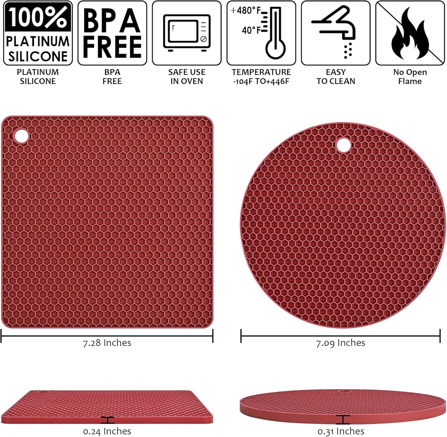 Trivets for Hot Dishes, Silicone Pot Holders for Tabletop, Trivet Mat Hot Pads for Kitchen, Trivets for Hot Pots and Pans, Heat Resistant Mats for Quartz Countertop Hot Pad Mat Set 4 Burgundy
