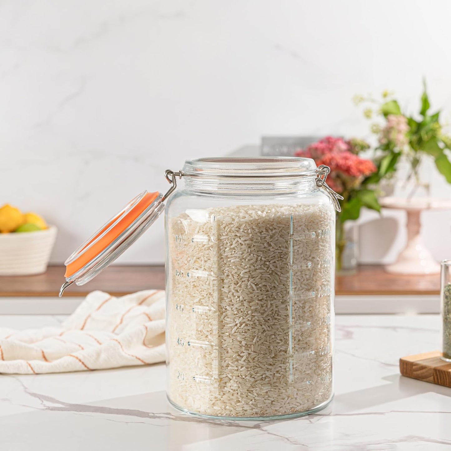 kitchentoolz 1 Gallon Glass Mason Storage Jars with Airtight Lids & Measurment Marks, Super Wide Mouth Canning Jars with Large Capacity for Pickles, Water Glassing & Overnight Oats - 2 Pack