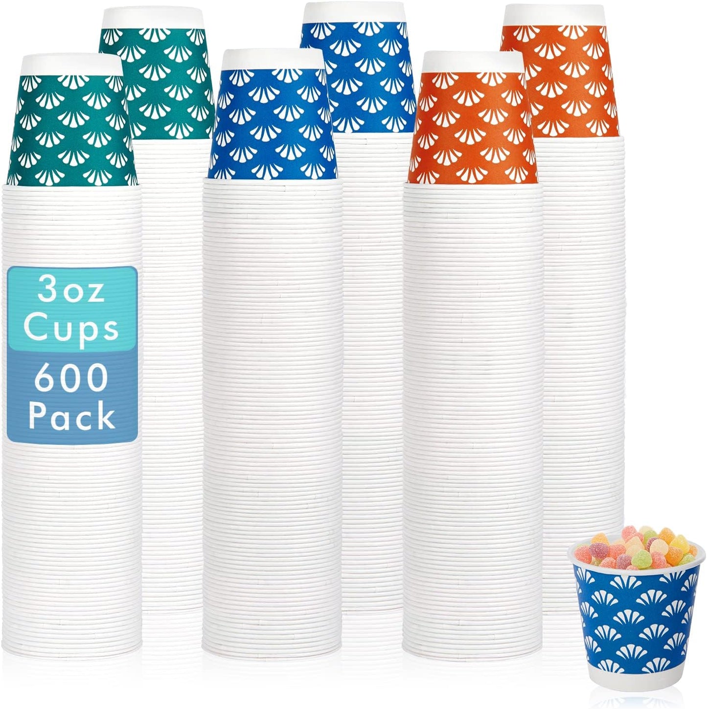 JollyPack 600 Pack 3 oz Disposable Bathroom Paper Cups, Small Mouthwash Cups in Orange, Blue, and Green, Great for Candy, Biscuits, Bathroom Use, Parties, Picnics, and Travel