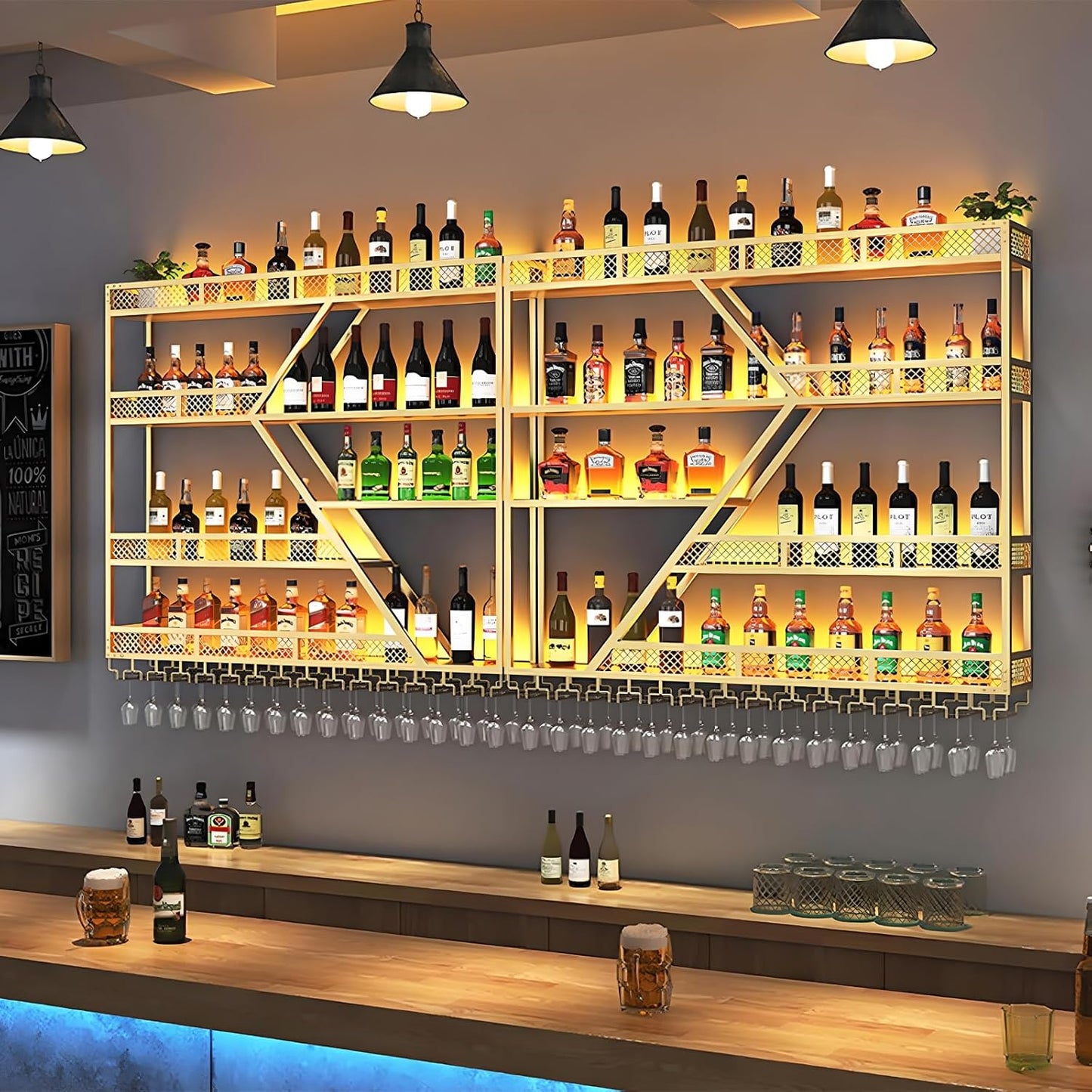 63in Metal Wine Rack Wall Mounted, Modern Wine Storage Rack Wall Mounted with Wine Glass Holder, Liquor Shelf, Bar Shelves for Liquor Bottles (4 Tiers Gold, 63 * 7.87 * 48.5INCH)