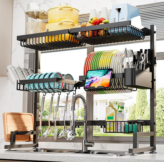 ADBIU Over The Sink Dish Drying Rack (Expandable Height and Length) Snap-On Design 2 Tier Large Dish Rack (27-40L x 12W x 32.5-37H (inches))