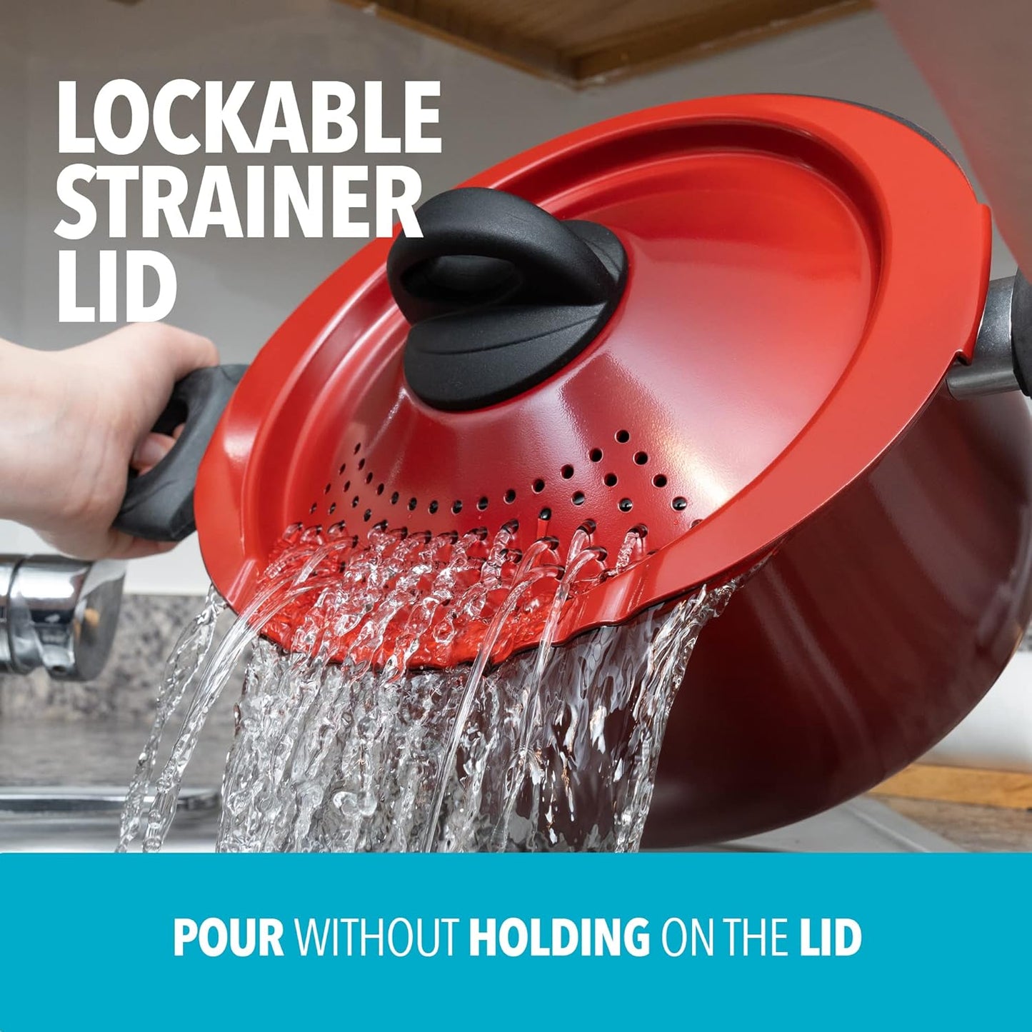 Bialetti 5.5 Quart Pasta Pot with Strainer Lid, Red – Elongated Oval Pot for Longer Spaghetti, Lasagna, Penne & Farfalle Noodles, Heat Resistant Handles & Nonstick Interior, Large Pot for Cooking