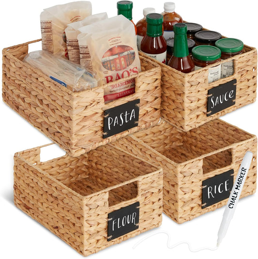 Best Choice Products Set of 4 9x12in Water Hyacinth Pantry Baskets, Woven Organizers w/Chalkboard Label, Chalk Marker - Natural