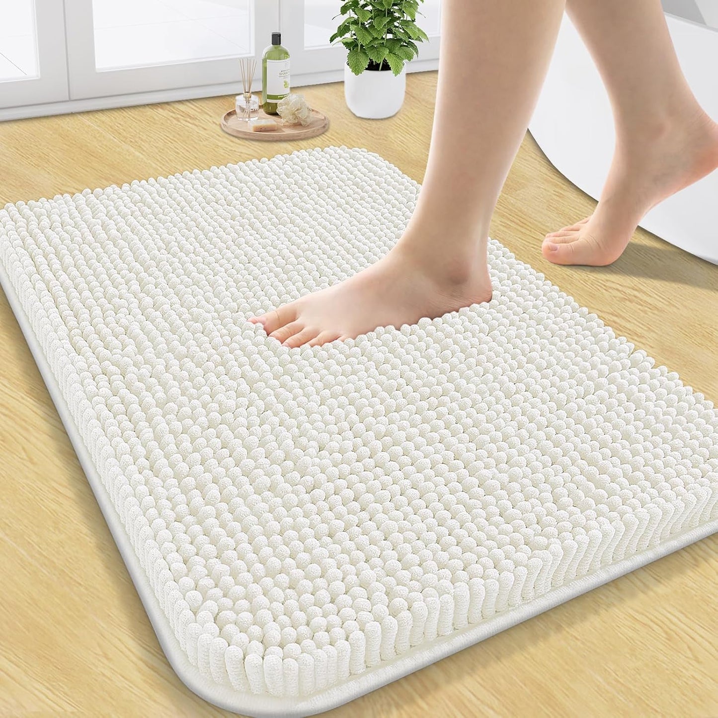 Arotive Bathroom Rugs 24x16, Extra Soft Absorbent Shaggy Chenille Bath Rugs, Machine Washable Rubber Backing Non-Slip Bath Mats for Bathroom Floor Tub and Shower, Home Decor Accessories, Ivory