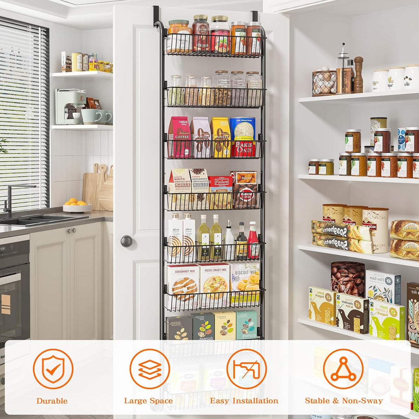 MIAOLI Over the Door Pantry Organizers and Storage, 8-Tier Spice Rack, Home & Kitchen Storage Shelves for Cabinet, Large Capacity Hanging Seasoning Organizer, Laundry Room Organization, Black