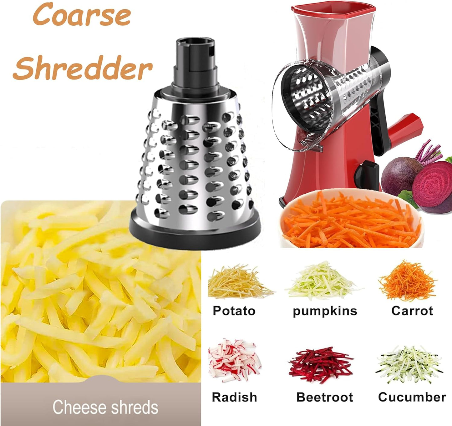 3-in-1 Rotary Cheese Grater Vegetable Slicer, 3 Interchangeable Blades Food Shredder with Anti-Slip Reinforced Suction Base, Kitchen Mandoline Chopper (Red)