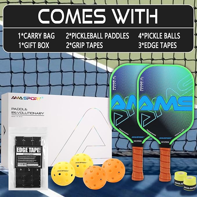AMA SPORT Pickleball Paddles Set of 2 USAPA 1Portable Carry 2 Pickleball 3 Edge 4 Pickleballs, 2 Grip