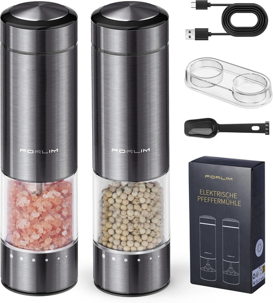 FORLIM Rechargeable Electric Salt and Pepper Grinder Set - Automatic One-Handed Operation Mill with Light (2 Mills) - Electronic Adjustable Shakers - Ceramic Grinder - Gunmetal Gray