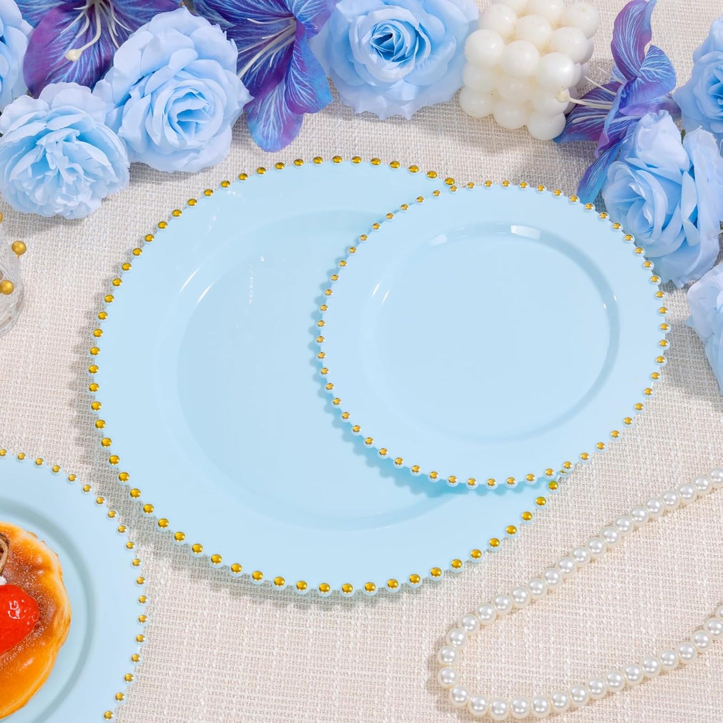 supernal 100PCS Blue Plastic Plates with Gold Beads - Disposable Heavy Duty Elegant Light Blue Plastic Plates Set Include 50 Dinner Plate and 50 Dessert Plate Perfect for Wedding, Birthday & Party