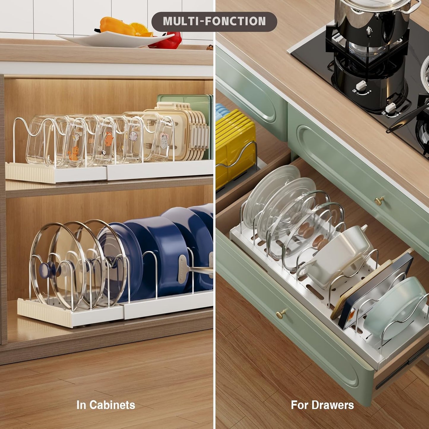 Expandable Food Storage Container Lid Organizers, 22" Pots and Pans Organizer Under Cabinet with 9 Adjustable Dividers Pot and Pan Lid Holders Rack Inside Cabinet(White,1 Pack)