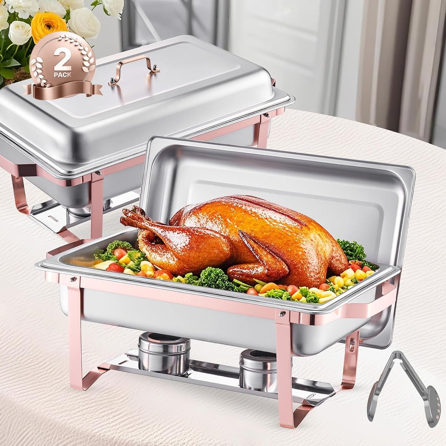 VEVOR Chafing Dish Buffet Set, 8 Qt 2 Pack, Stainless Steel Chafer with 2 Full Size Pans, Rectangle Catering Warmer Server with Lid Water Pan Stand Fuel Holder, for Wedding Party Banquet, Rose Gold