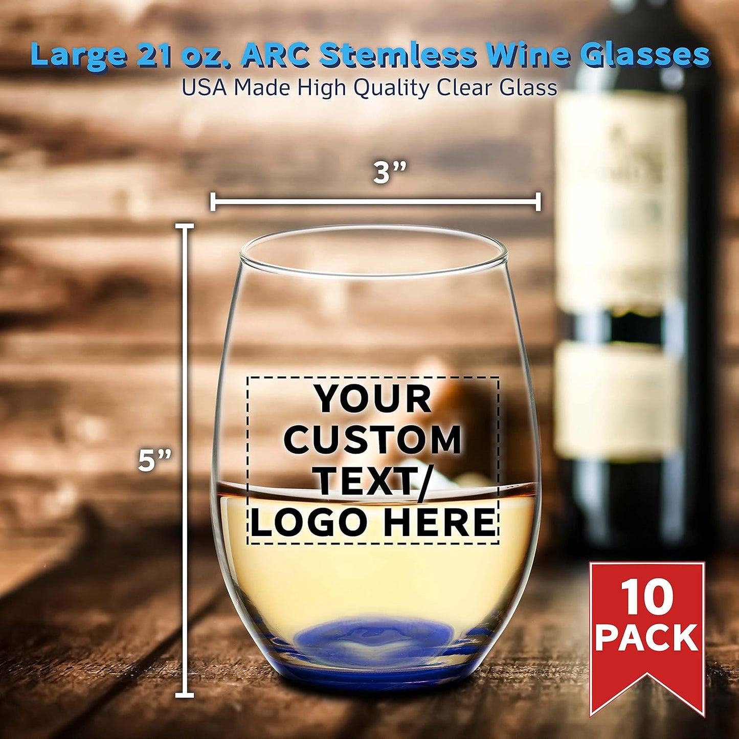 DISCOUNT PROMOS 10 ARC Stemless Wine Glasses Set, 21 oz. - Customizable Text, Logo - Chardonnay, Cabernet, Merlot, Sauvignon - Blue