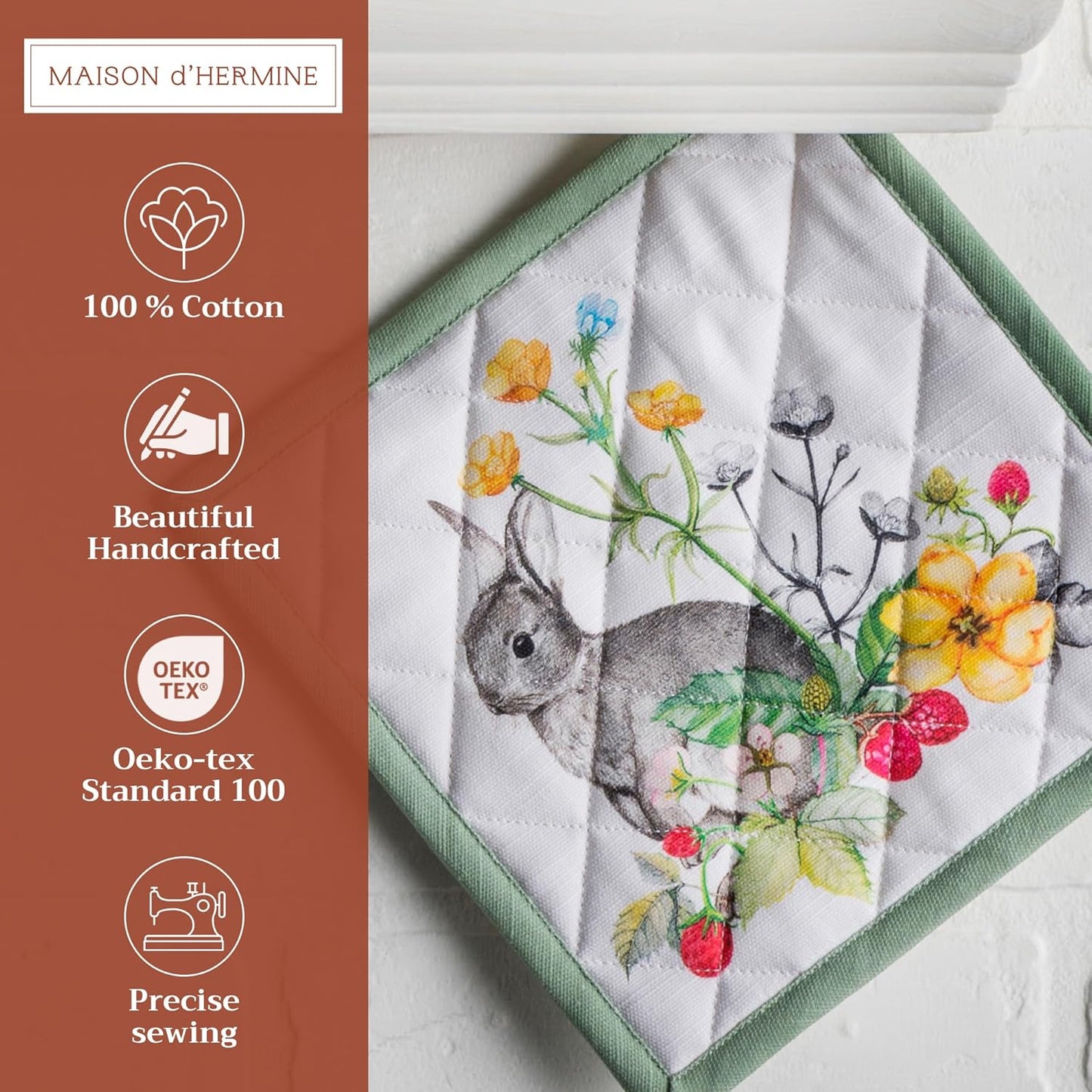 Maison d' Hermine Pot Holders 100% Cotton Heat Resistant Potholders 8" x 8" Hot Pads with Loop BBQ, Cooking, Baking, Grilling, Kitchen, Handling Hot Pans Spring/Summer (Pack of 1, Printemps)