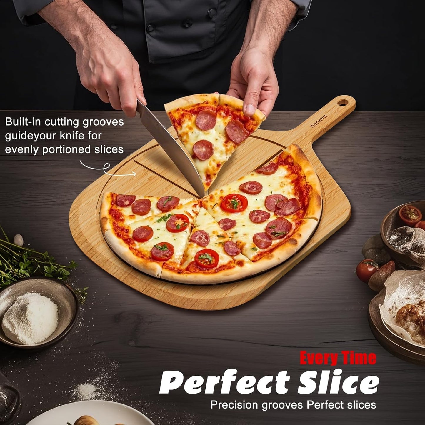 Wooden Pizza Peel 16 Inch, Large Bamboo Pizza Paddle Spatula - Serving Board, Wood Pizza Cutting Boards with 8 Slice Grooves and Handle for Kitchen Oven Pastry Pizzas